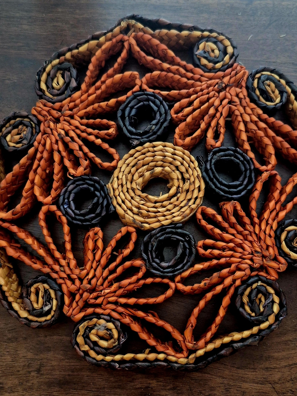 Vintage Orange, Black & Tan Braided Decorative Trivet~